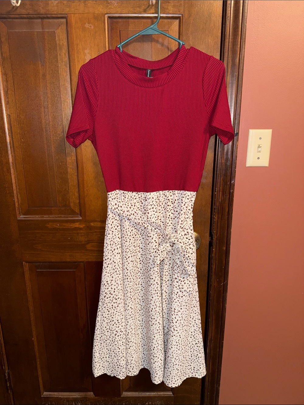 Red Ribbed Top with White Printed Midi Skirt Dress